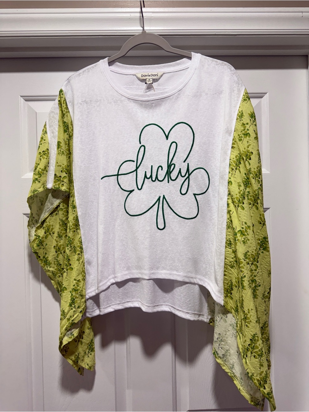 DAVI & DANI White Pullover with Green Shamrock and Floral Sleeves